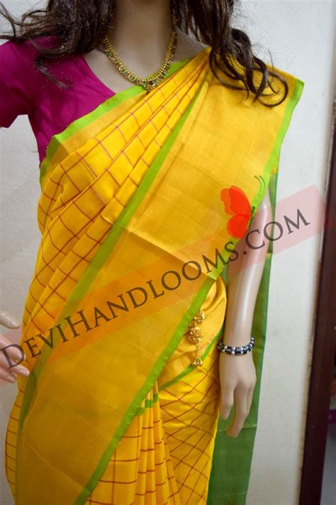 Uppada Yellow Colored Small Checks Silk Saree Devi Handlooms