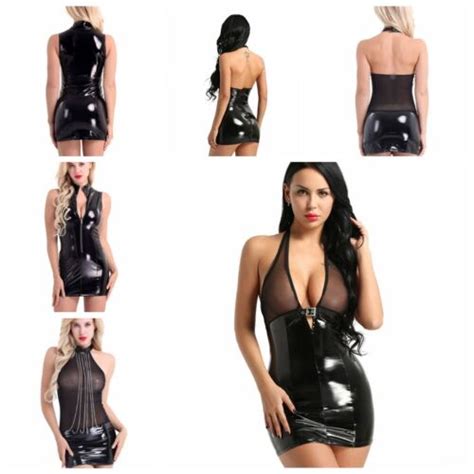 Women S Mesh Leather Bodycon Short Mini Dress Sexy Wet Look Lingerie