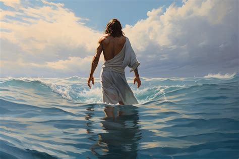 Premium Ai Image Back View Of Jesus Christ Walking On Water At Sea