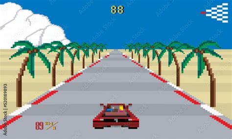 Retro Video Game Racing Room In Vector Illustration Pixel Art Style 8 Bit Pixel Graphics With