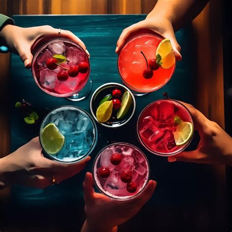 Premium Photo Top View Of 4 Hands Holding 4 Cocktails Above A Bar Table