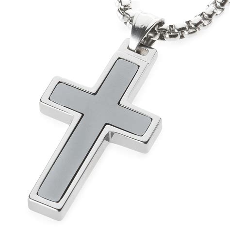 Womens Or Mens Unique Hematite Inlay Tungsten Cross Pendant Necklace