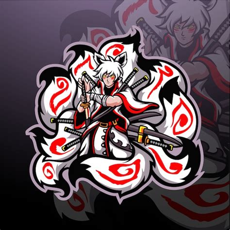 Kitsune nueve colas esport logo diseño de la mascota Vector Premium