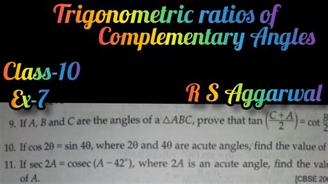 Trigonometric Ratios Of Complementary Angles R S Aggarwal Class