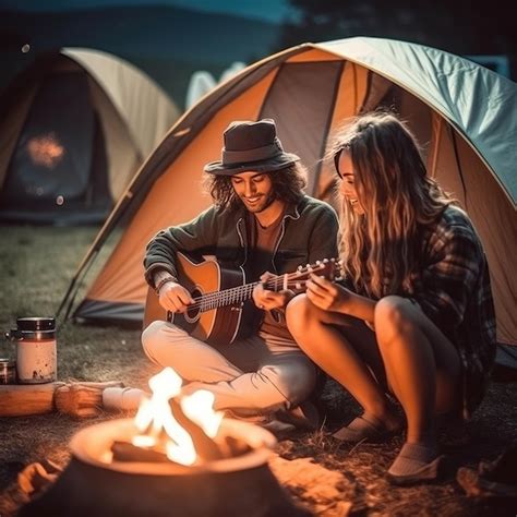 Premium Photo Couple Of Campers Playing Guitar While Sitting Near The