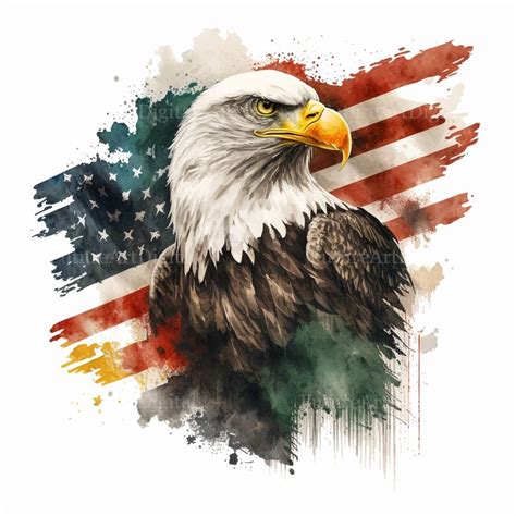 Watercolor Bald Eagle With American Flag Digital Clipart Patriotic