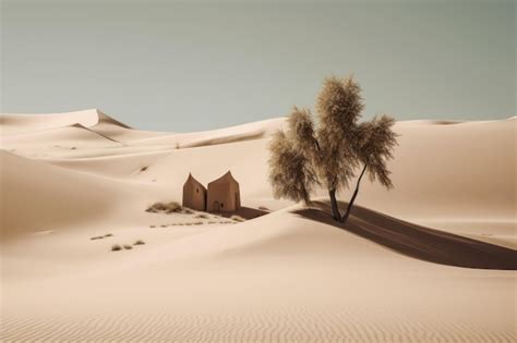 Una escena del desierto con una casa y árboles en el desierto Foto