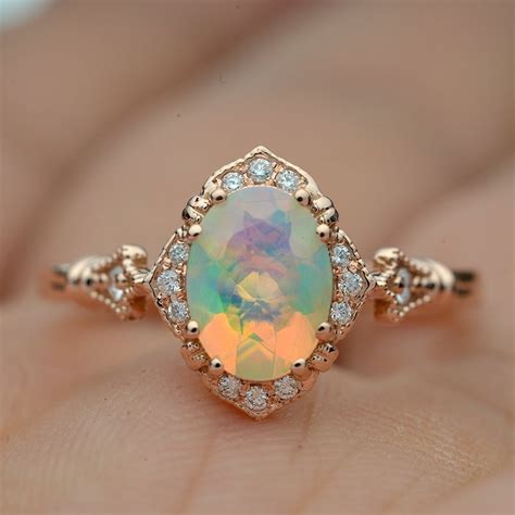 Fire Opal Oval Halo Engagement Ring Vintage Inspired Style In Etsy