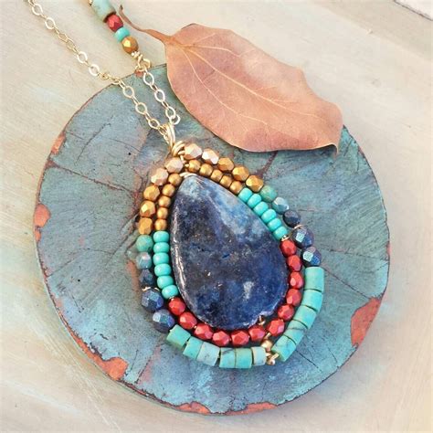 Lapis Nadya Pendant Necklace Turquoise Blue Red Gold Etsy Necklace