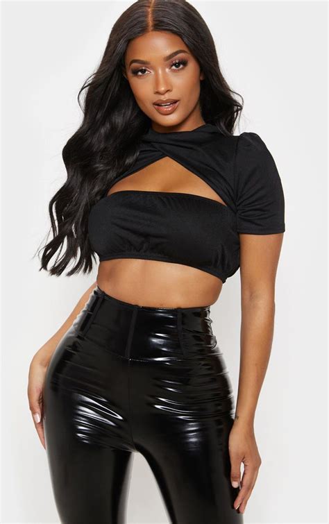 Shape Black Crepe Cut Out High Neck Crop Top Prettylittlething Ie