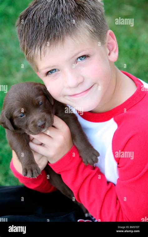 Boy Holding Puppy Stock Photo Alamy