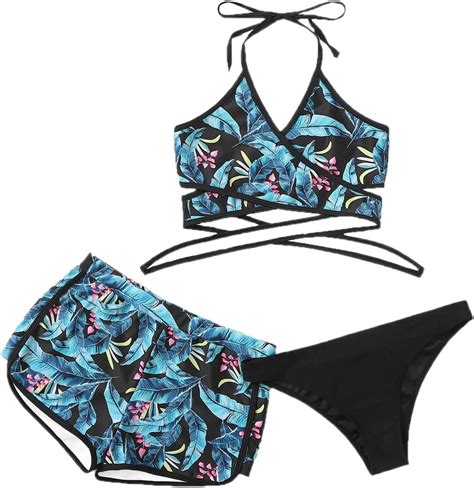 Amazon Sweatyrocks Women S Leaf Print Wrap Halter Top With Shorts Piece Bikini Set Blue L