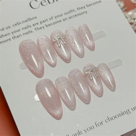 Móng úp thiết kế C238 thạch hồng nude mắt mèo ảnh trăng đính nơ mini Hàn Quốc cebi nailbox