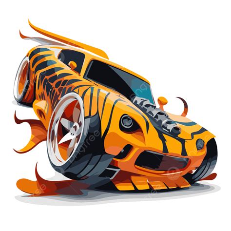 Mobil Hot Wheels Vektor Stiker Clipart Kartun Model Mobil Balap Oranye Dengan Api Di Atasnya