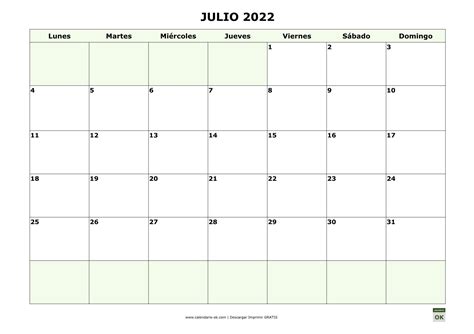 Plantilla Calendario 【julio 2022】 Para Imprimir Pdf