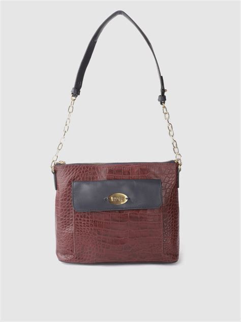 Buy Hidesign Burgundy And Navy Blue Croc Textured Leather Handcrafted Structured Shoulder Bag