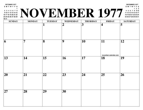 NOVEMBER 1977 CALENDAR OF THE MONTH: FREE PRINTABLE NOVEMBER CALENDAR ...