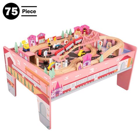 Hey! Play! Wooden Train Set & Table for Kids - Complete Set with 75 Pieces, Pink - Walmart.com