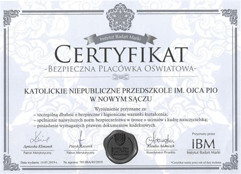 Certyfikaty Przedszkole im św Ojca Pio w Nowym Sączu