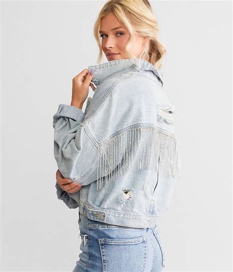 Blue B Rhinestone Fringe Denim Jacket Womens Coats And Jackets In Light Blue Buckle