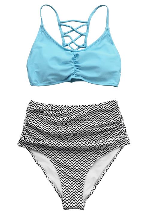 Cupshe Women S Sky Blue And Chevron Print High Waisted Bikini