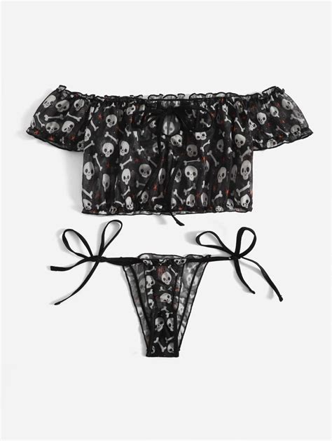 Beereckless Kawaii Skull Print Mesh Lingerie Set Shein Usa