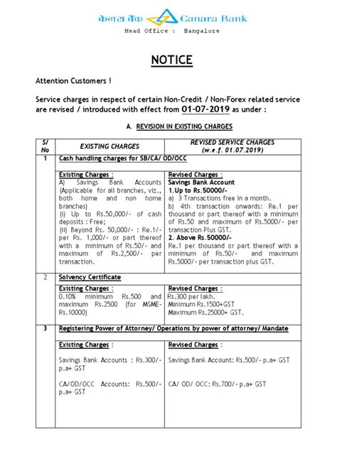 Canara Bank Charges 2019 Download Free Pdf Banks Services Economics