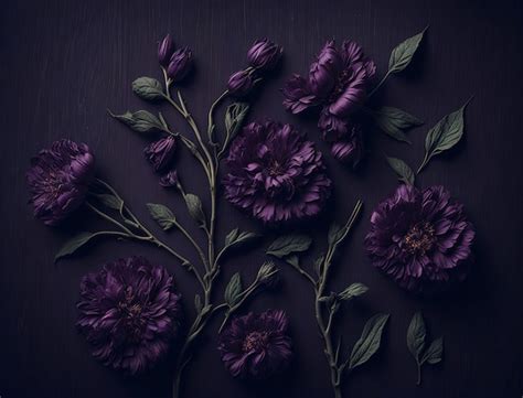 Premium Photo | Purple flowers on a dark background with green leaves.