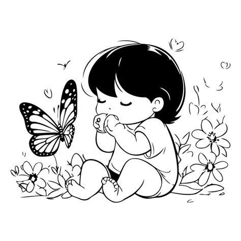 Una niña linda sentada en la hierba con flores y mariposas Vector