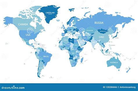 Political World Map Vector Illustration With Different Tones Of Blue