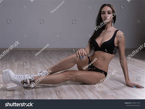 Sexy Brunette Girl Black Lingerie Sitting Stock Photo Edit Now 1597811797