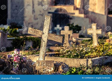 Cemetery With Graves And Crosses Free Writing In French Stock Photo