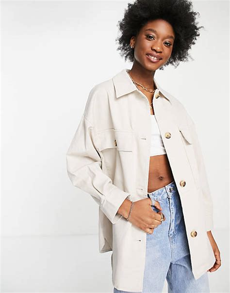 Asos Design Washed Oversized Shacket In Stone Asos