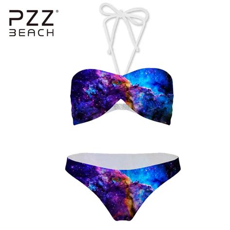 Sparkly Galaxy Print Women Swimwear Halter High Neck Swimsuit Push Up