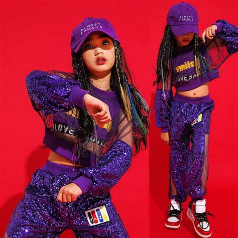 Sequin Dance Costume Long Sleeve Purple Girls Street Dance Practice