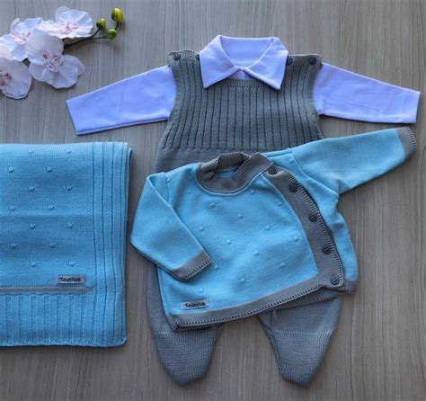 Saída de Maternidade Menino em Tricot Azul Cinza 4 Peças