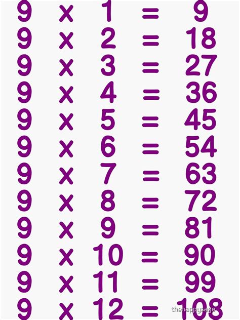 Pegatina 9 X Table Nine Times Table Aprender Tablas De Multiplicar Para Niños Púrpura De