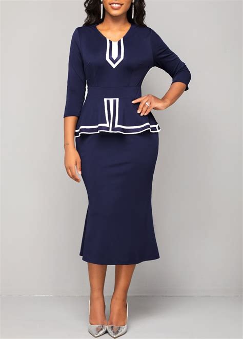 Striped Navy V Neck Bodycon Dress Rosewe Usd Mode