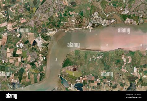 Thames Estuary. Aerial photograph of the Thames Estuary, UK. Essex is ...