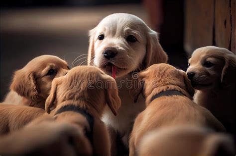 A Group Of Puppies Standing Next To Each Other In A Room With A Wooden