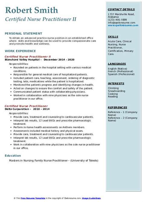 Certified Nurse Practitioner Resume Samples | QwikResume