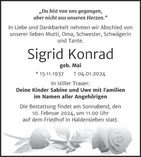 Traueranzeigen Von Sigrid Konrad Abschied Nehmen De