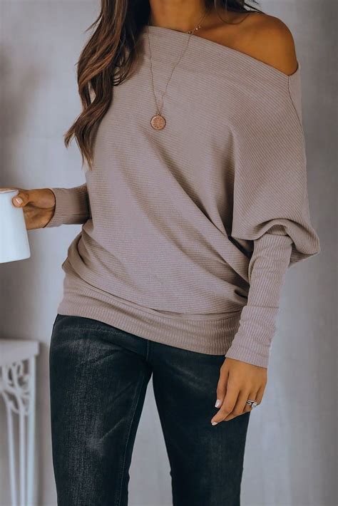 Off Shoulder Ribbed Texture Raglan Long Sleeve Top Women Long Sleeve