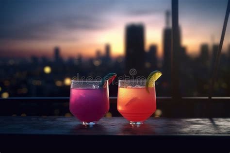 Summer Cocktails At Rooftop Bar Overlooking City Skyline Generative Ai Stock Illustration