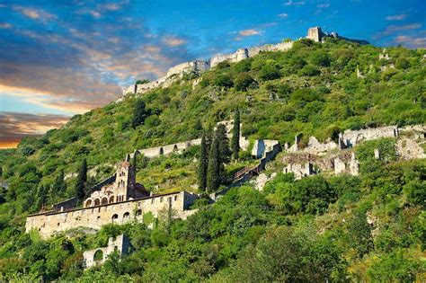 View of Mystras looking up towards the castle fortifications and the Byzantine Othodox monastery ...