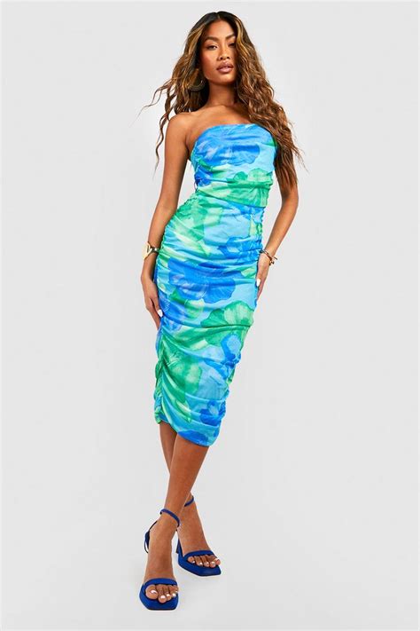 Womens Floral Bandeau Ruched Midi Dress Boohoo Uk