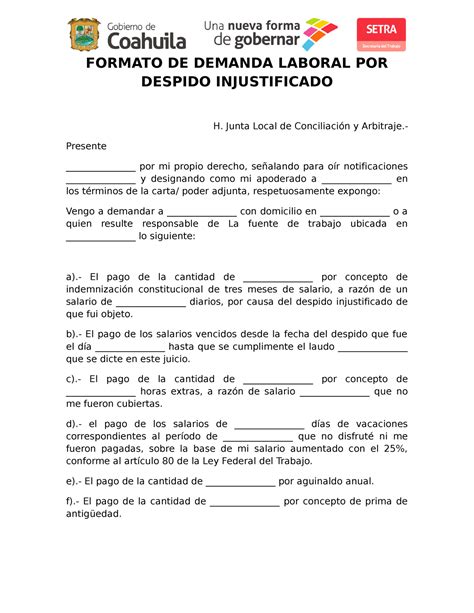 Formatos De Procedimientos Formato De Demanda Laboral Por Despido