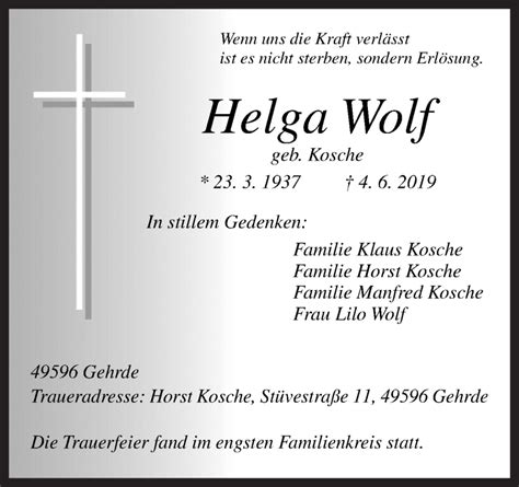 Traueranzeigen Von Helga Wolf Noz Trauerportal