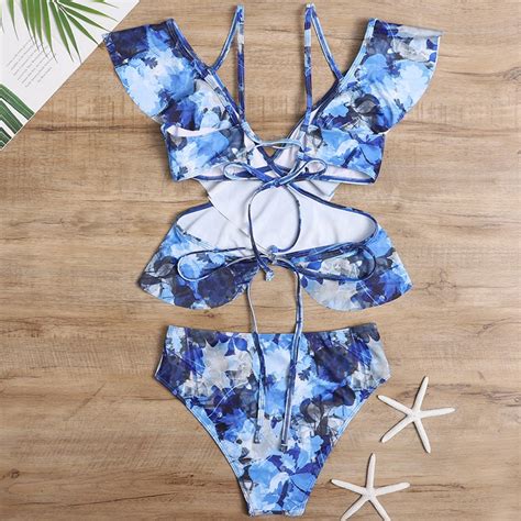 BLUE FLORAL SPLASH HIGH WAIST BIKINI SET By Wesellanything Co