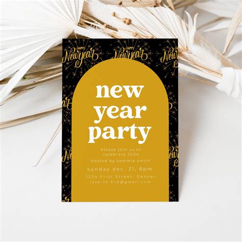 2024 New Year Party Invitation Template Black and Gold With Confetti ...